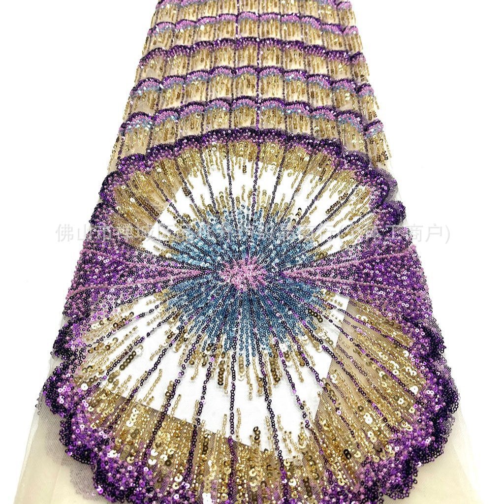 Desfile de pasarela con gran flor en forma de ventilador de sequilla tela de cuentas de clavos ligera cena de lujo alta tela de vestido delgado