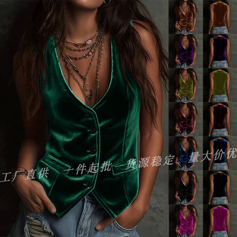 2026 New Women's Spring and Autumn Velvet Vest with Drape Effect, European and American Cross-Border Hot-Selling Single-Breasted Slimming Vest