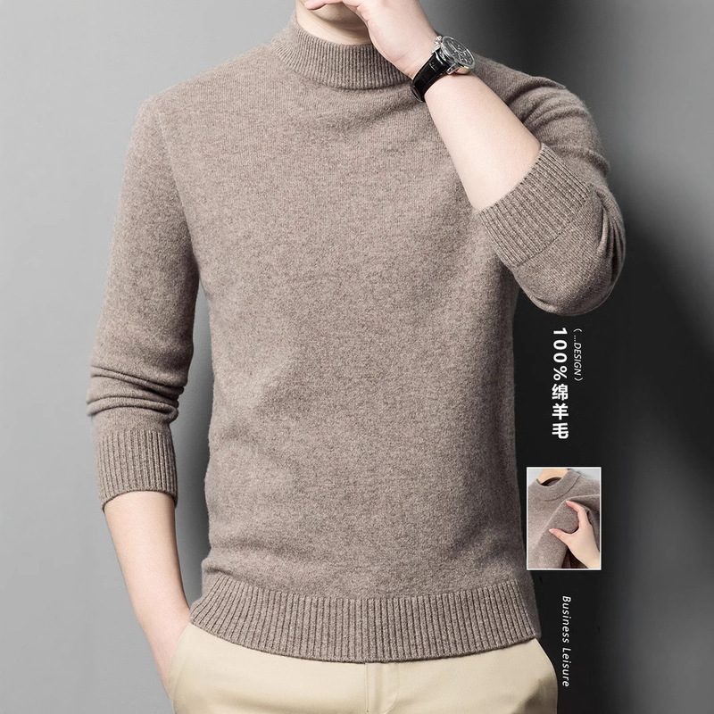 100 Pure Wool Sweater Men's Half-turtleneck Autumn and Winter Thickened Warm Inner Base Shirt Middle-aged and Elderly Middle-collar Sweater