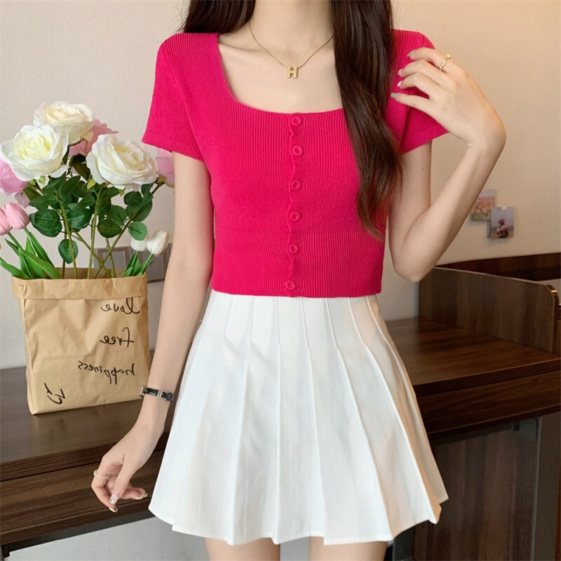 Women's Summer Knitted Short-Sleeve T-Shirt with a Square Neckline, Unique Design, Chic and Stylish Short Top Women's Summer Knitted Short-Sleeve T-Shirt with a Square Neckline, Unique Design, Chic and Stylish Short Top