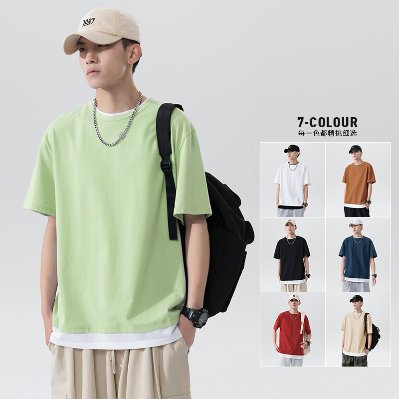 2021新款夏季短袖T恤男潮流假兩件休閑衣服青少年夏天短袖體恤衫
