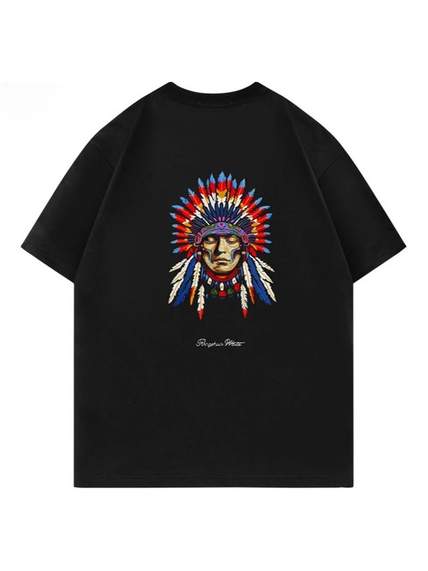 アメリカンレトロ【インディアン】刺繍ラウンドネック半袖夏ゆったりデザイン厚手コットンTシャツ男性用|undefined