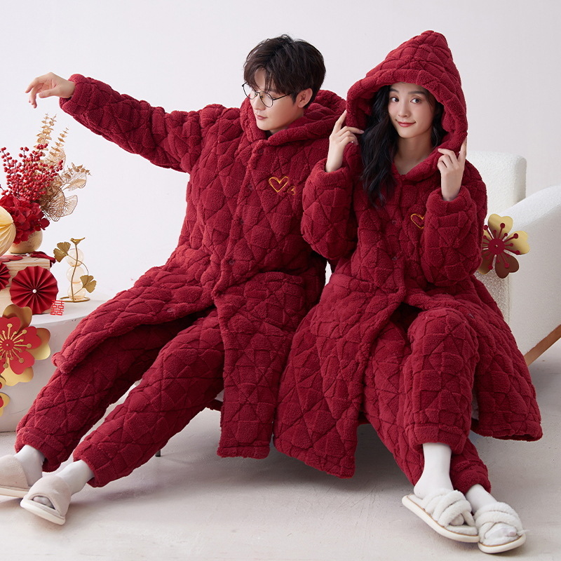 Pijamas de pareja invierno coral polar camisón de invierno acolchado de tres capas pijamas de boda traje de pareja