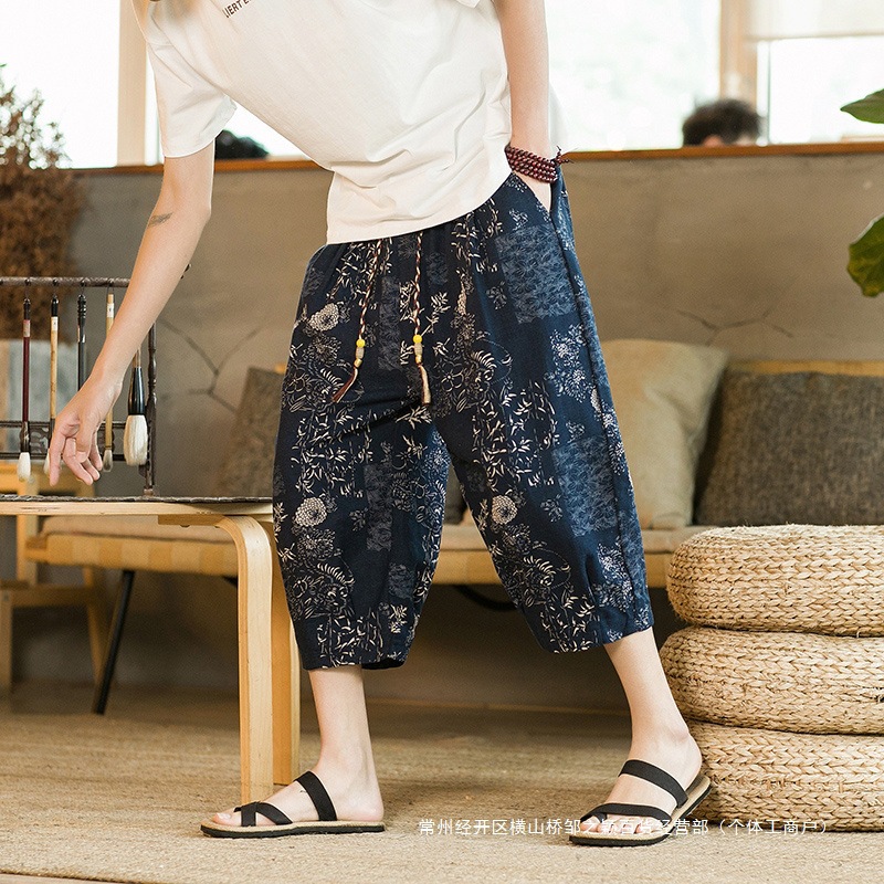 2025 New Loose Plus-Size Men's Chinese Style Cotton-Linen Cropped Pants for Big Men Casual Thin in Stock