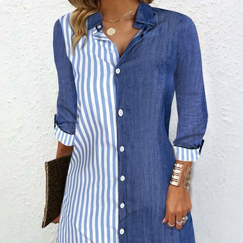 2024 European and American Foreign Trade women's clothing women's striped color matching long sleeve comfortable casual buckle mid-length shirt