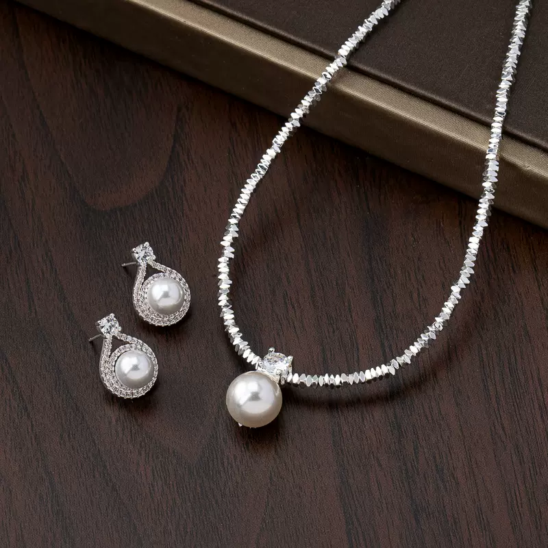 碎银子施家珍珠耳环项链套装锆石锁骨链轻奢小众颈链高级感项饰品