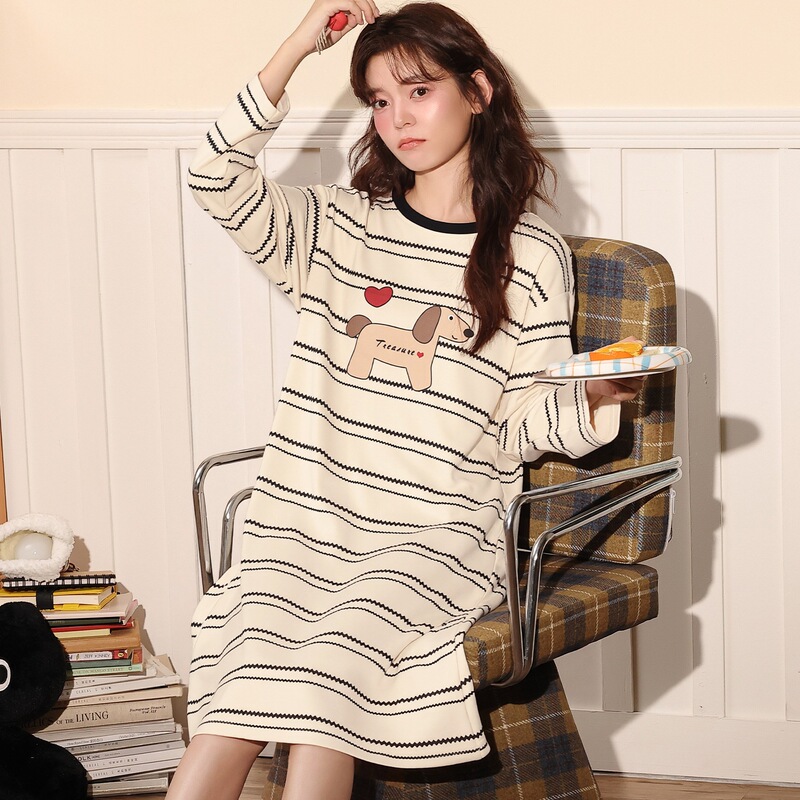 Women's nightgown for spring and autumn, pure cotton, long-sleeved, cute puppy design, loose-fitting, thin style for autumn and winter, all-cotton maternity loungewear