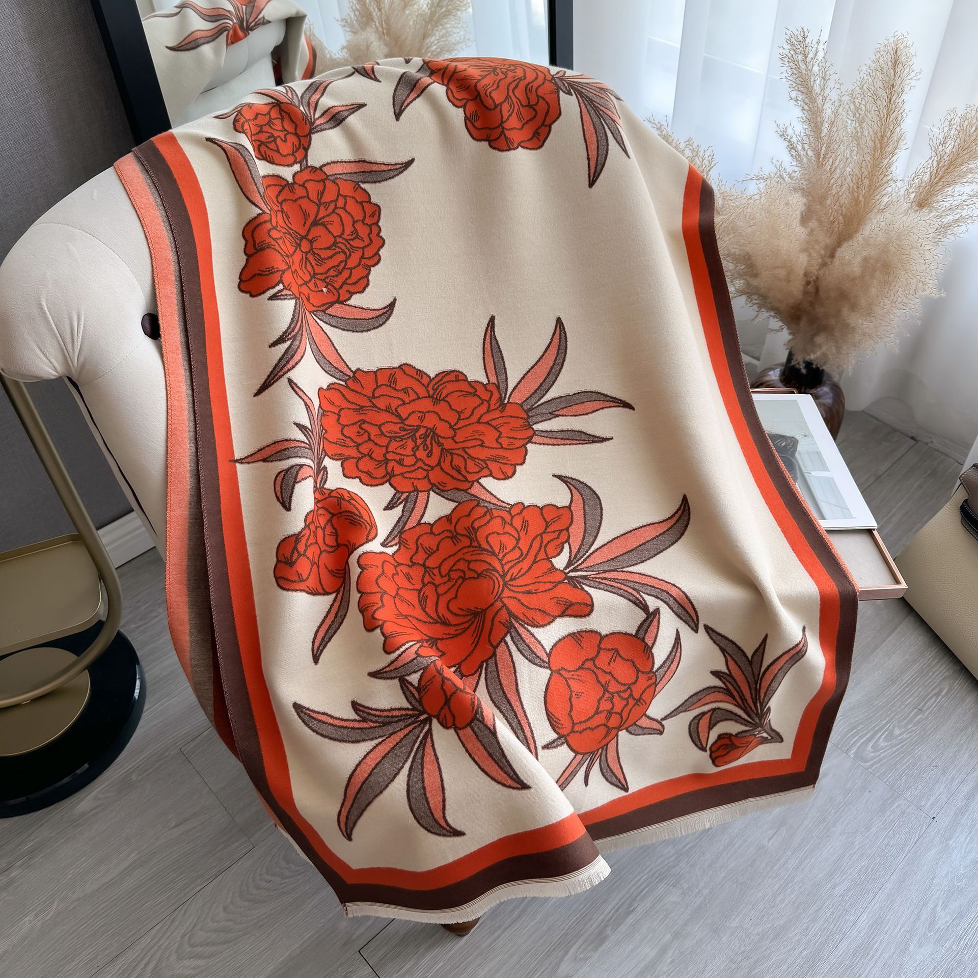 Flores y plantas de moda imitación de cachemira temperamento bufandas de doble cara mujeres invierno coreano variedad gruesa buñuelo caliente