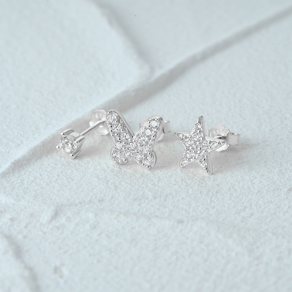 3g Weight Ear Studs Classification 1 Set Quantity Daily Occasion 925 Sterling Silver Material Star, Butterfly Pattern Women's Gender Plating Design Simple Style Style 1 Set 925 Sterling Silver Star Butterfly Ear Studs 107