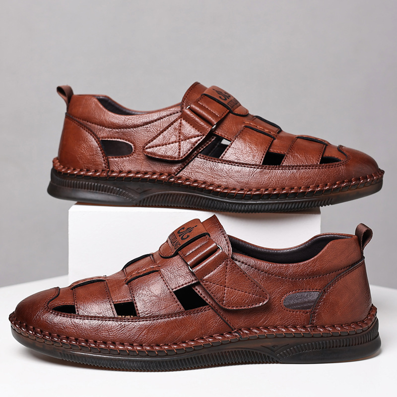 Herren Leder Sandalen Mit Klettverschluss Für Den Sommer_voghion.com