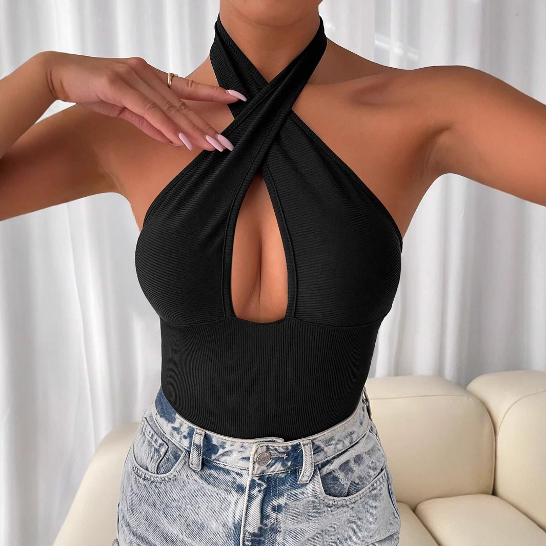 Amazon's hot-selling new 2026 Fall/Winter solid color sexy backless cross-cut halter neck jumpsuit