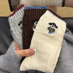 Socks Women's Korean Style Ins Trendy Cute Cartoon Puppy Mid-Socks Autumn and Winter Vintage Contrast Color Screw Stacked Socks