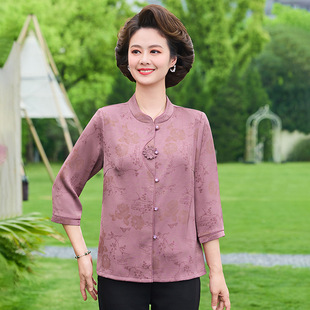 Mother's Day Summer Dress for Middle-aged and Elderly Mothers Chinese-style Seven-point Shirt Top Grandma New Style Western-style Loose Top