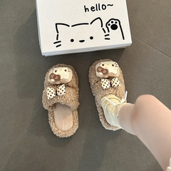 蝴蝶结kt猫平底毛毛拖鞋女秋冬季可爱卡通露趾休闲一字毛绒棉拖鞋