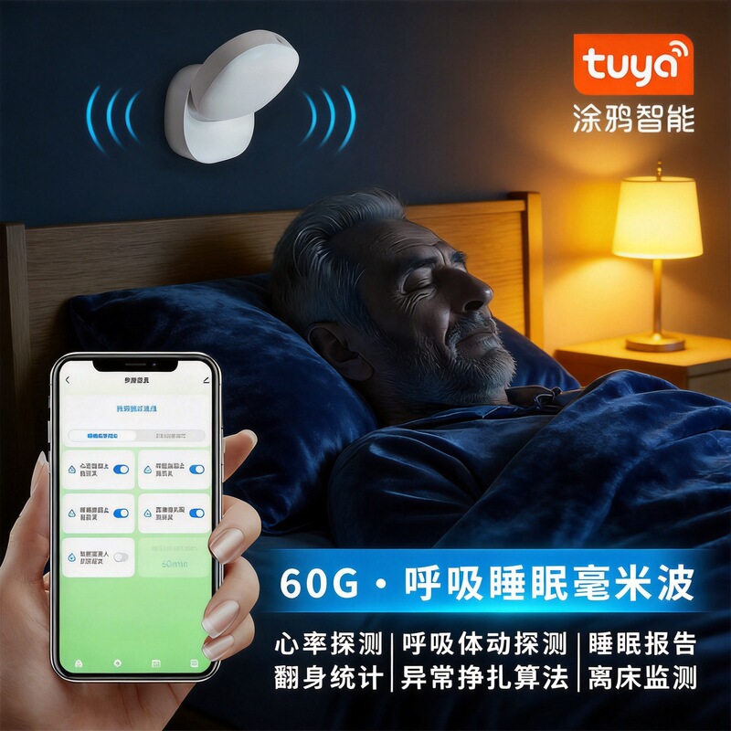 60g Millimeter Wave Radar Sleep and Breathing Monitor, Human Sensor, App Remote Abnormality Alert, Elderly Care