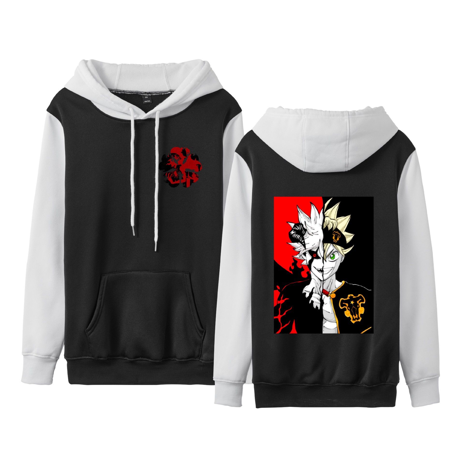 Trébol de cuatro hojas negro Black Clover suéter de pareja de talla grande para hombres y mujeres sudadera con capucha de contraste con capucha