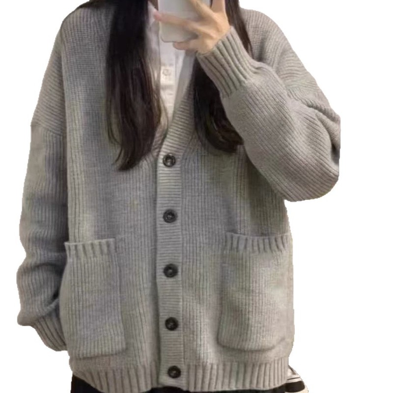 100纯羊毛V字领开衫女式单排扣外套秋冬新款宽松慵懒风长袖外搭潮|undefined