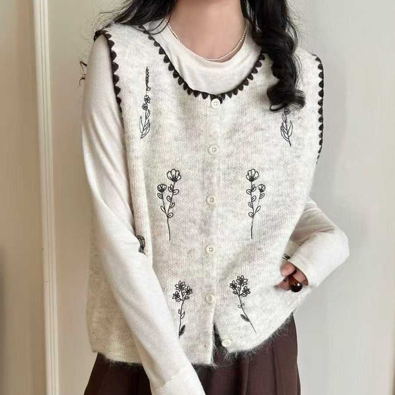 秋冬款拼色针织马甲女刺绣小清新无袖毛线衣内搭叠穿坎肩背心上衣|undefined