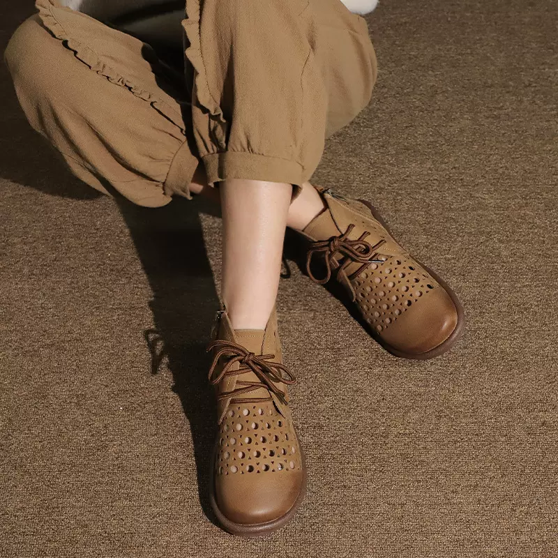 镂空真皮凉靴女款夏季透气短靴头层牛皮甜酷风复古夏季皮靴批发