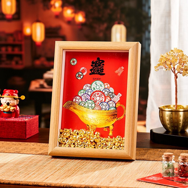 Fortune-attracting decorative picture frame with vintage copper coins and calligraphy, suitable for living room, office, opening ceremony, housewarming, and cultural decoration