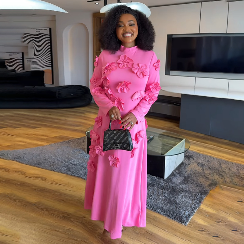 海边度假风裙子2025新款立领立体花朵拼接高级感长裙连衣裙女秋