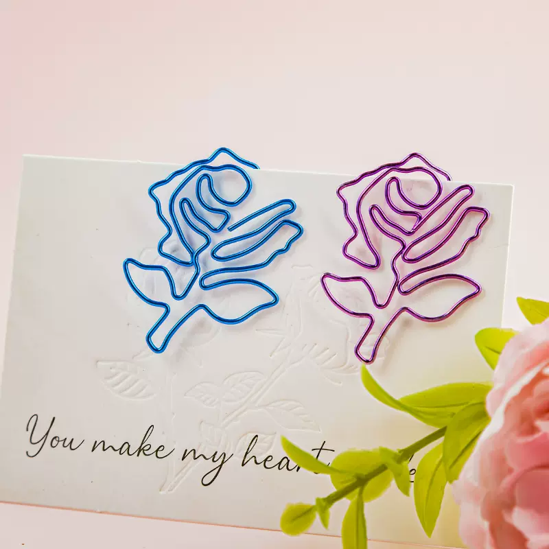 厂家热销跨境新款异形回形针彩色 电镀玫瑰花回形针 创意曲别针