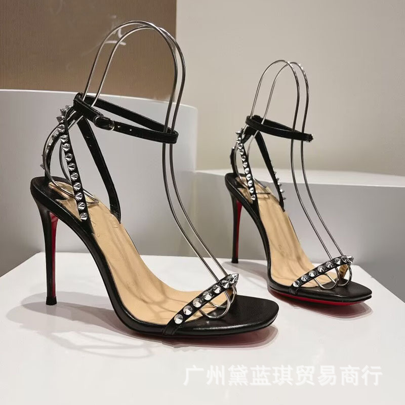 High-End Cross-Border Large Size Patent Leather Rivets One-Line Back Wrap Square Toe High-Heeled Sandals Women's Fashion Shoes