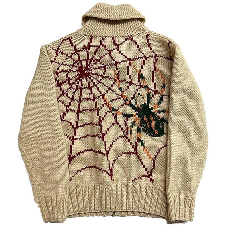 Herrenbekleidung Spinnen-Jacquard-Winterpullover für Herren und Damen, lässige Street-Style-Strickpullover mit Revers und langen Ärmeln_voghion.com