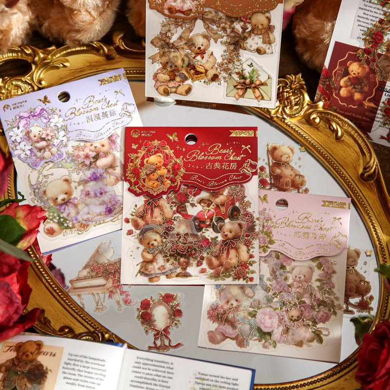 Bolsa de pegatinas Mr. Paper Caja de flores de oso Tema romántico Película de corte de alto valor Material de cuenta manual Decoración Bolsa de pegatinas de bricolaje