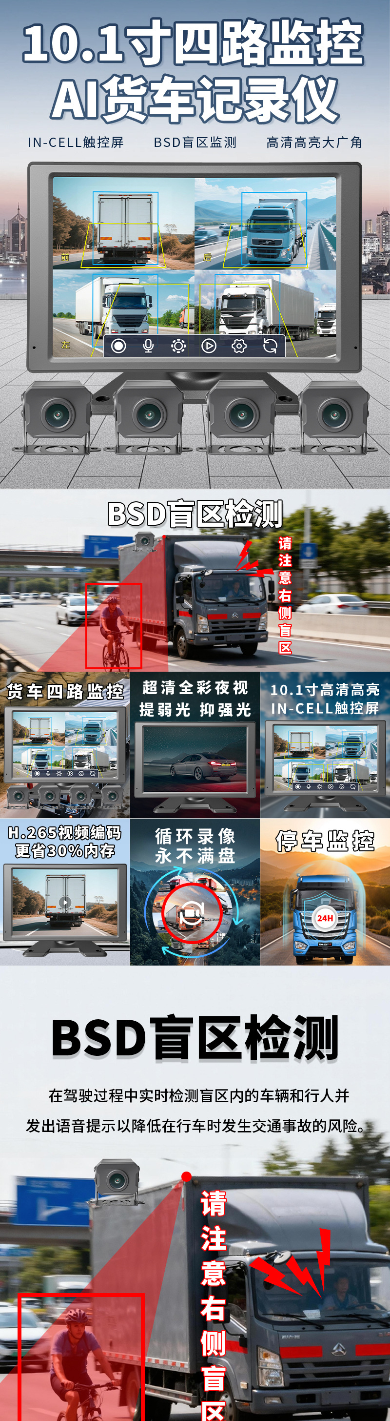 Truck Four-Way Monitoring HD Night Vision Dash Cam 360 Degree Panorama