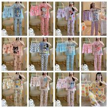 外贸跨境睡衣女夏三件套装夏季薄短袖短裤长裤甜美可爱女士家居服