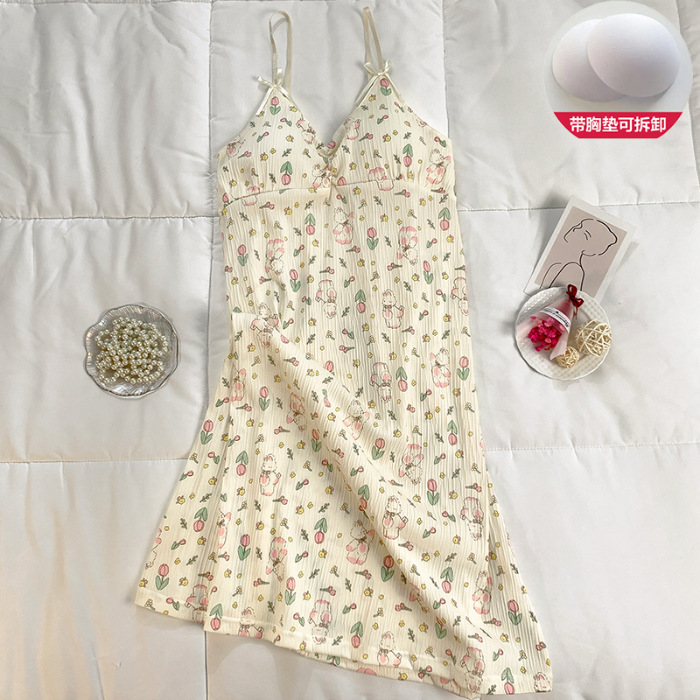 Verano nuevo estilo dulce amor camisón falda media femenina con almohadilla en el pecho lindo algodón imitación pliegue tirantes hogar camisón delgado