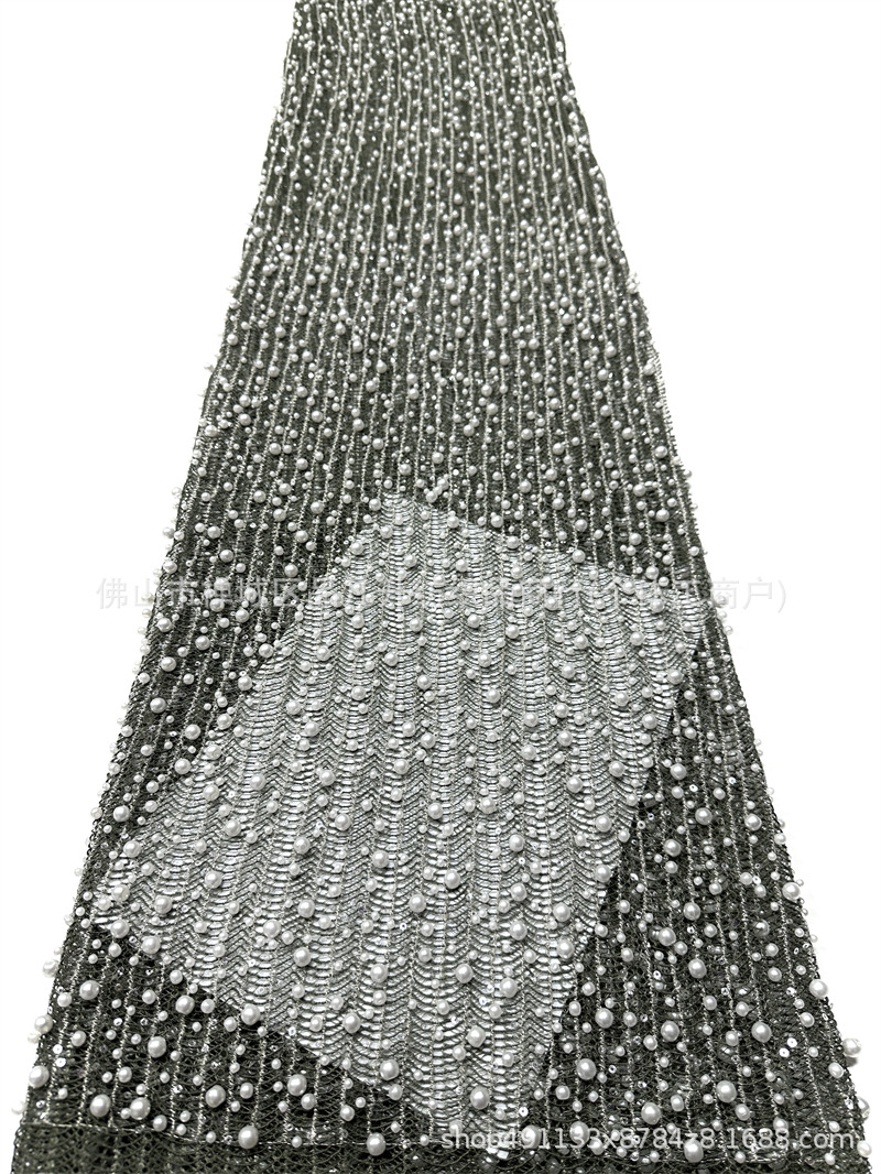 Tejido de malla de perlas hechas a mano de alto grado ondulado vertical tridimensional bordado de perlas vestido de boda tela de diseño