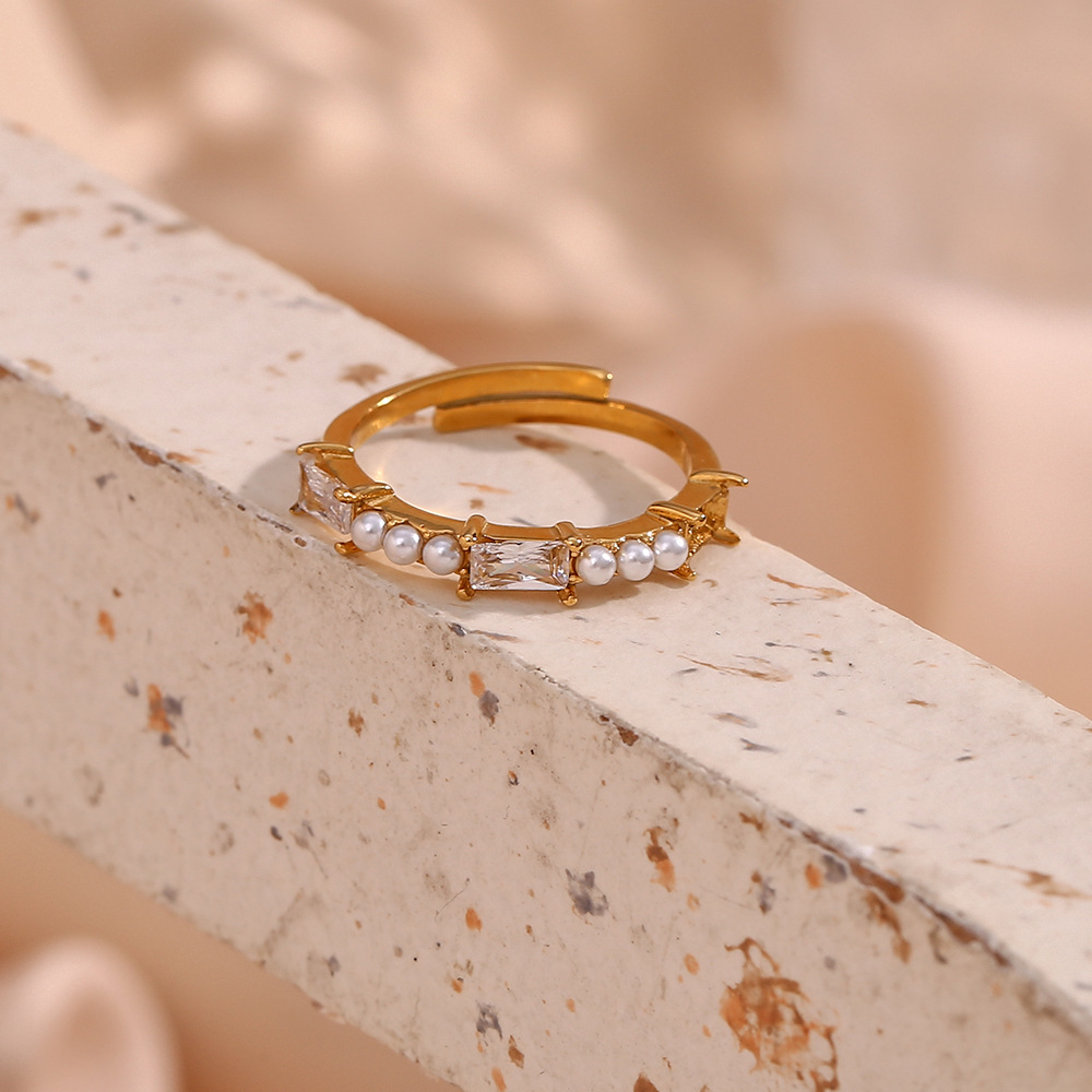 Fashion Geometric Stainless Steel Inlay Artificial Pearls Zircon Open Ring 1 Piece