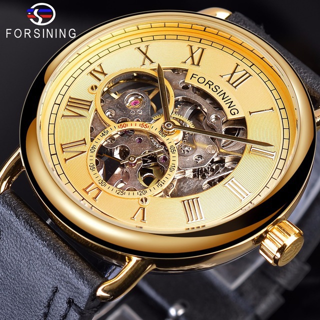 Forsining reloj de los hombres de la moda cinturón casual clásico popular hueco transparente inferior manual reloj mecánico