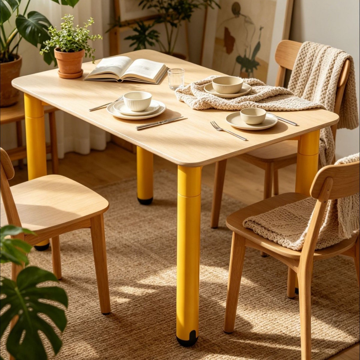 Dopamine-style long table in natural wood, Nordic-style trendy milk tea shop dining table and chair set, rectangular table for casual discussions in cafes