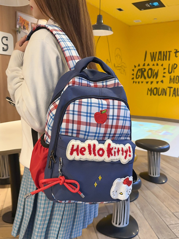 バックパック新しいレトロなチェック柄女子大生ニッチかわいい漫画子猫大容量軽量スクールバッグ|undefined