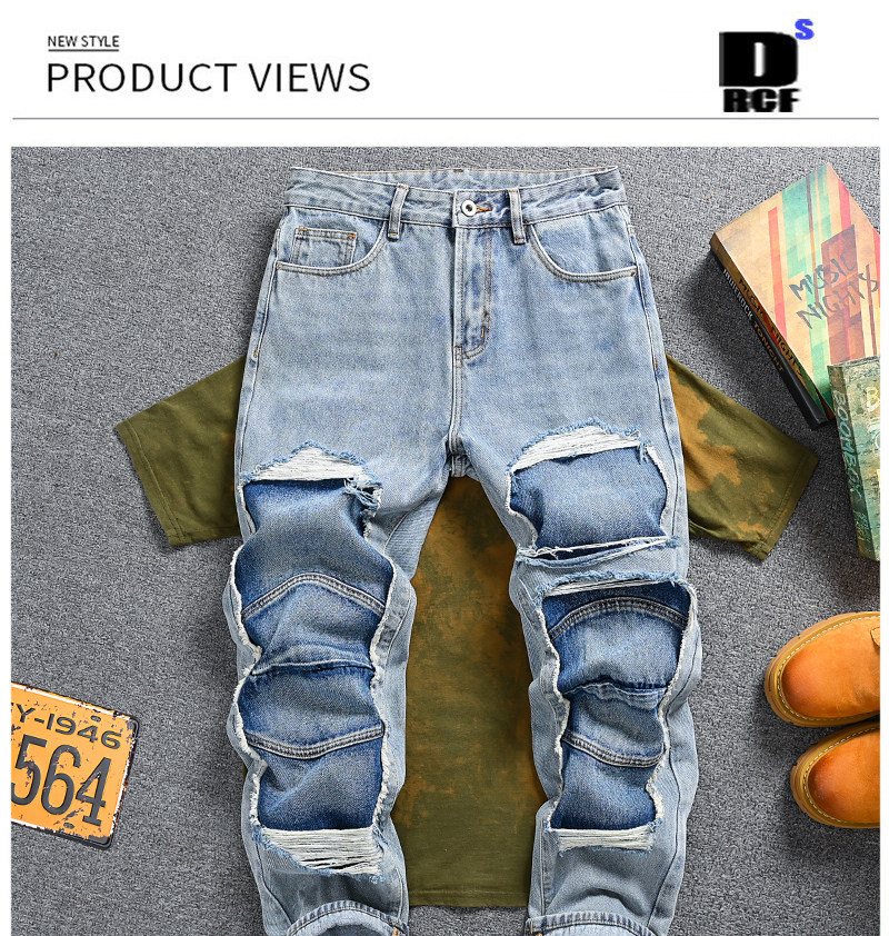 Men's Clothing Retro Distressed Patchwork Jeans For Men, Loose Straight Leg, Trendy Brand Pants._mkmklike.com