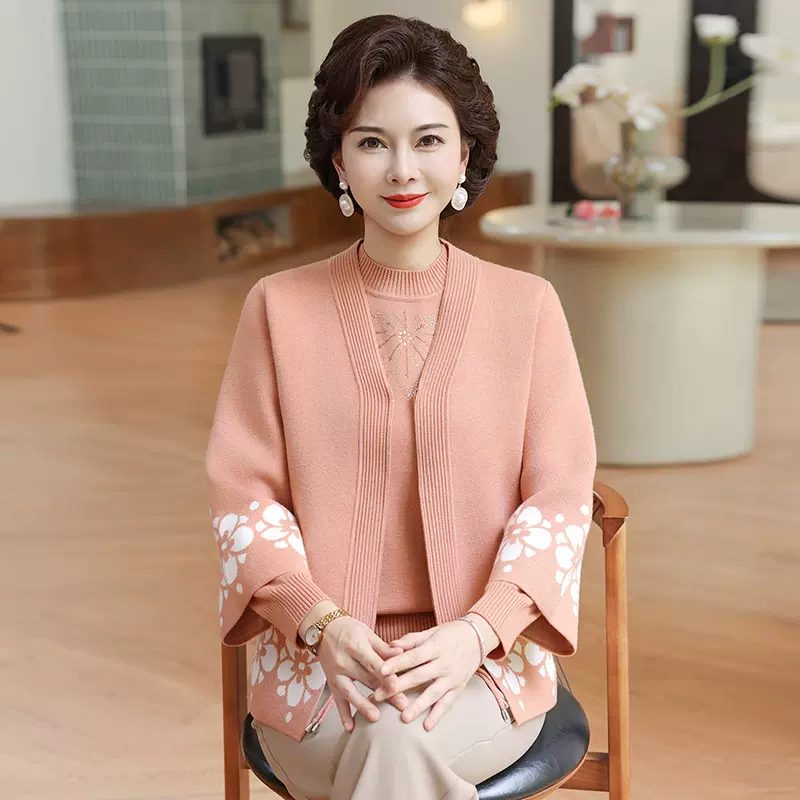时尚中老年针织衫开衫女秋冬装新款上衣洋气大码妈妈装毛衣两件套