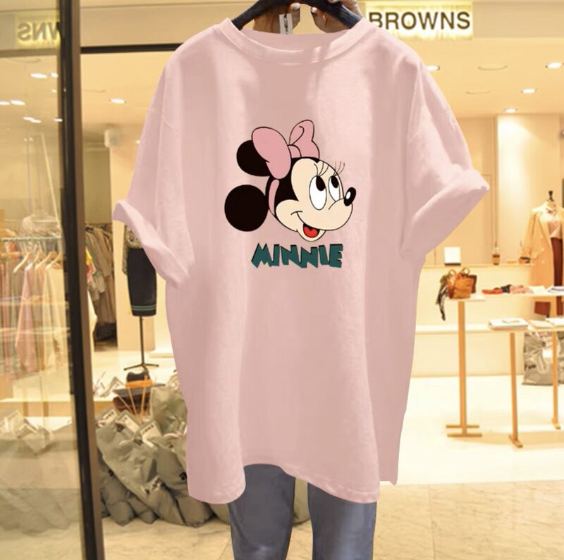 Pink Cartoon Mickey Print Short-Sleeved T-Shirt for Women Summer 2026 New Niche Loose Casual Right-Shoulder Cute Top Pink Cartoon Mickey Print Short-Sleeved T-Shirt for Women Summer 2026 New Niche Loose Casual Right-Shoulder Cute Top