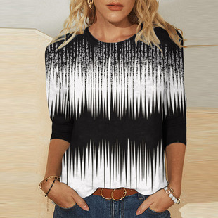 2024 new women's round neck 3/4 sleeve European and American cross-border Amazon black and white TEMU hot gradient printed top
