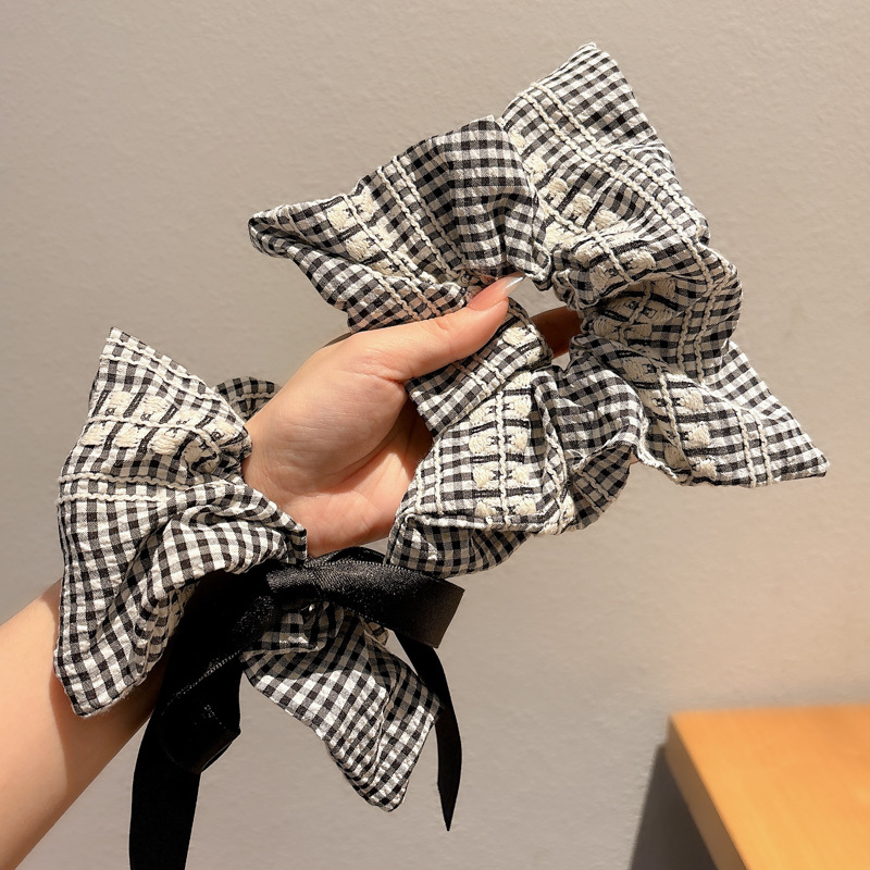 2025 nuevo estilo ballet bowknot intestino grueso anillo para el cabello femenino diseño de nicho bufanda cuadrada a cuadros cuerda para la cabeza bola accesorios para el cabello