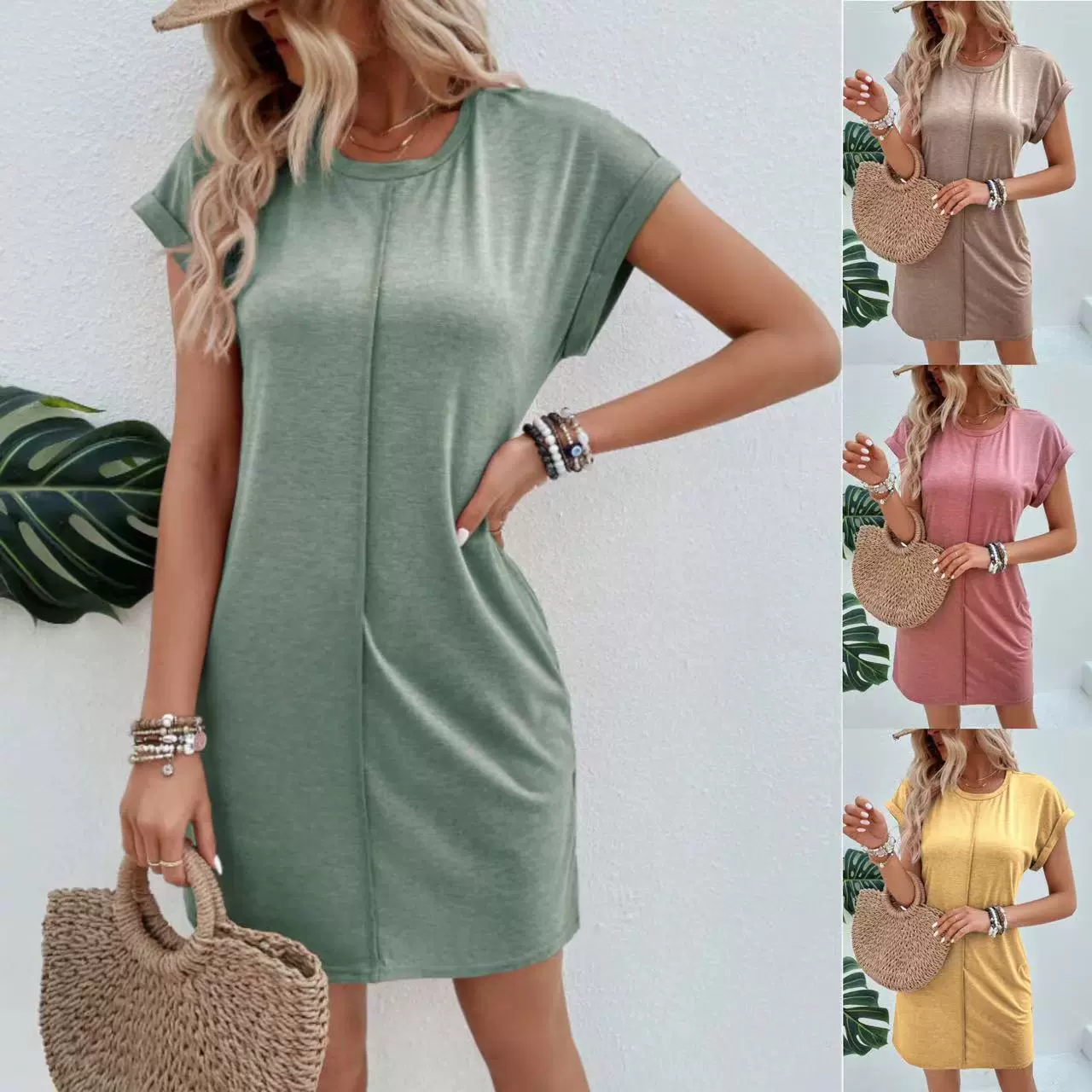 亚马逊女装2024跨境欧美全身裙春夏新款纯色圆领短袖休闲连衣裙