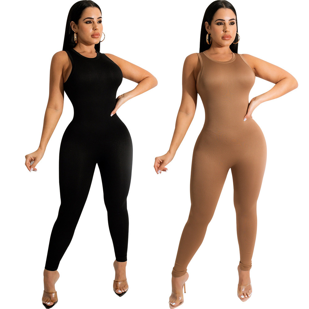 solid color round neck sleeveless tight jumpsuit NSZH119319