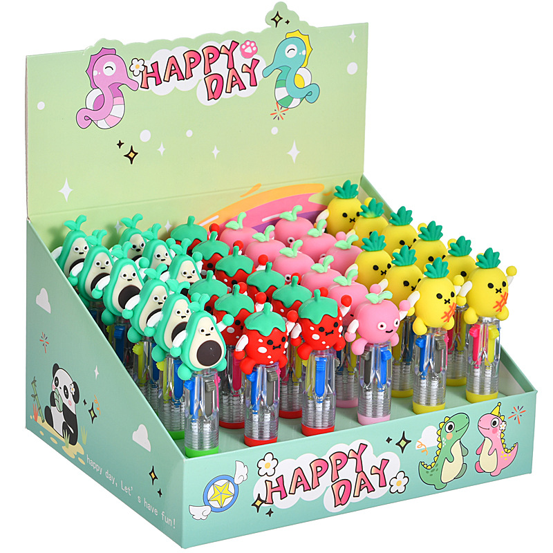 Caricatura de fruta encantadora mini bolígrafo de cuatro colores multicolor en uno bolígrafo de cuentas de mano de color para estudiantes premios papelería al por mayor