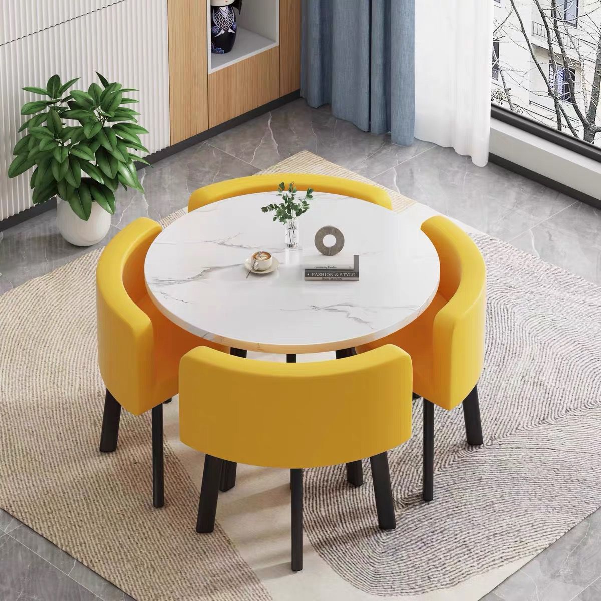White round table + four yellow leather chairs