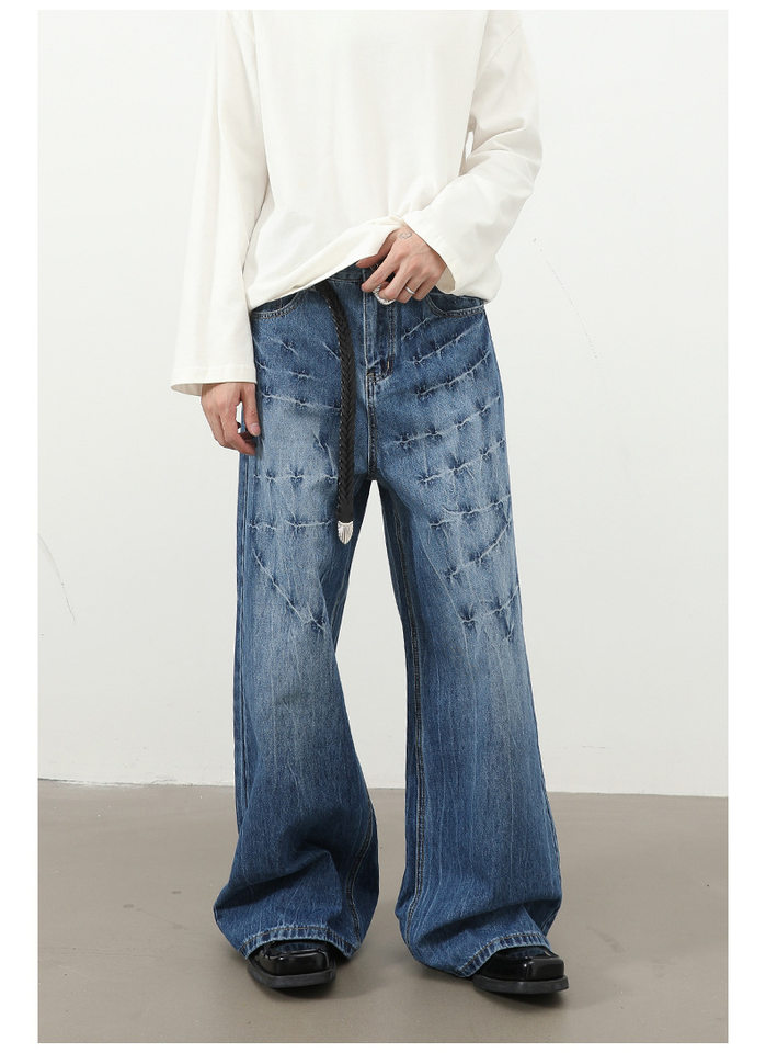 Quần jeans nam dáng rộng ống thẳng họa tiết sét chất liệu washed phong cách đường phố — màu xanh, màu xám đen chi tiết 23