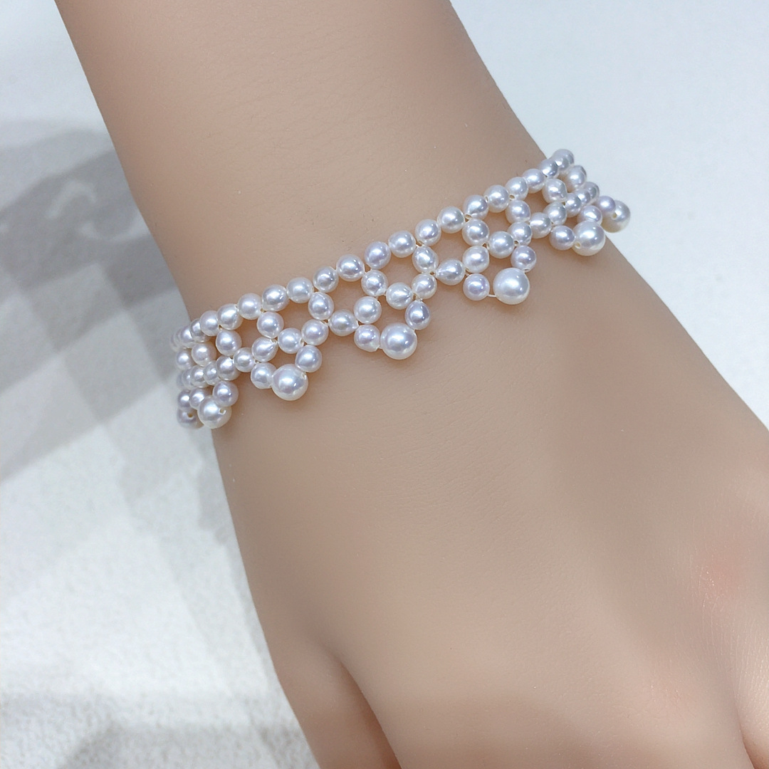 Vòng tay ngọc trai nước ngọt tự nhiên 3-4mm dệt tay có thể điều chỉnh — Màu trắng chi tiết 5