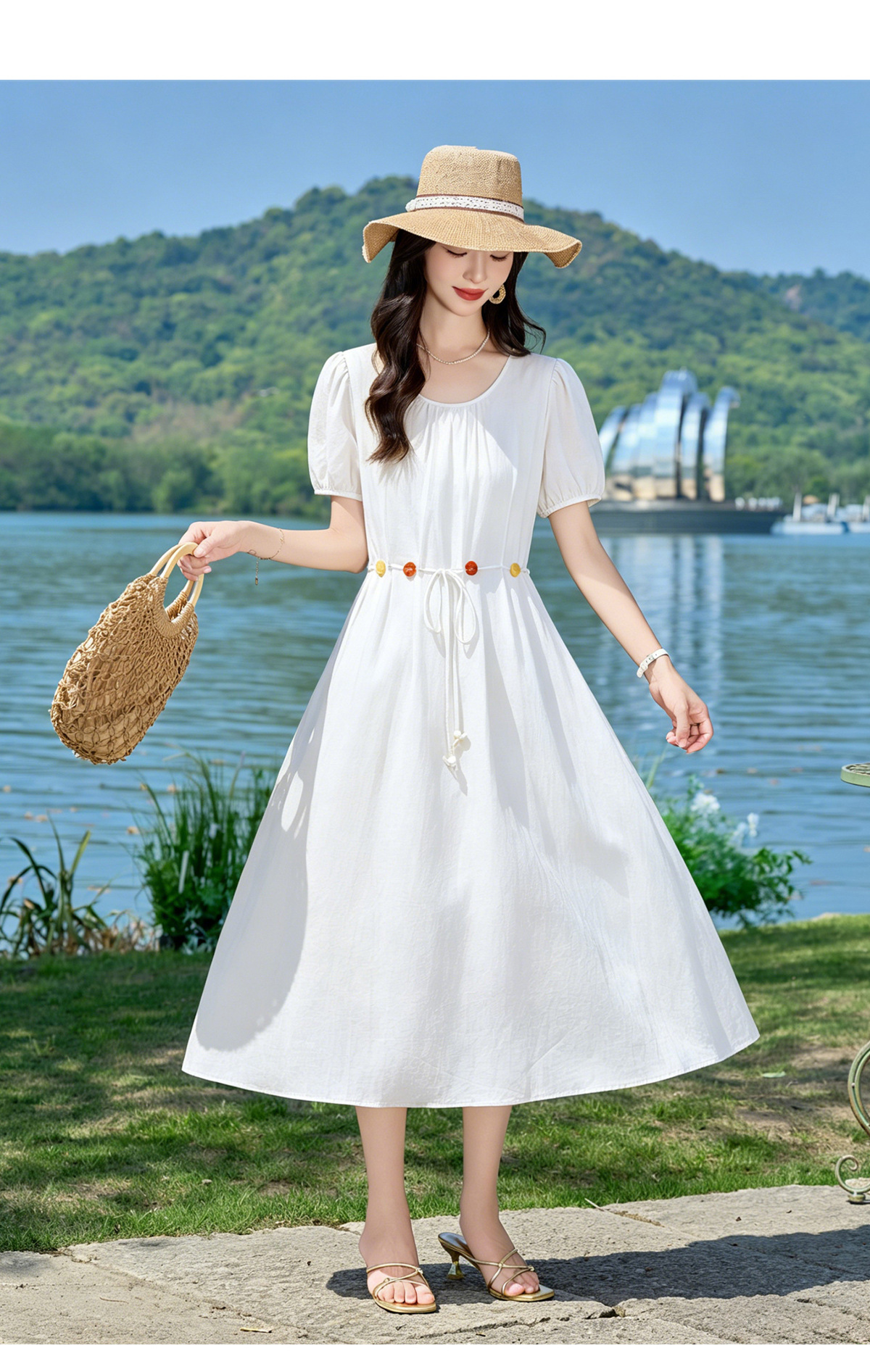 Đầm suông midi cổ V eo thắt dây dáng chữ A tay ngắn — Xanh lông mòng đen, màu trắng, màu vàng chi tiết 27