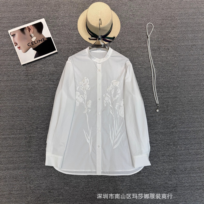 26 Early Spring New Embroidered Cotton Tops Jacquard Shirts New Chinoiserie National Style Fashionable Mid-Length White Shirts Versatile